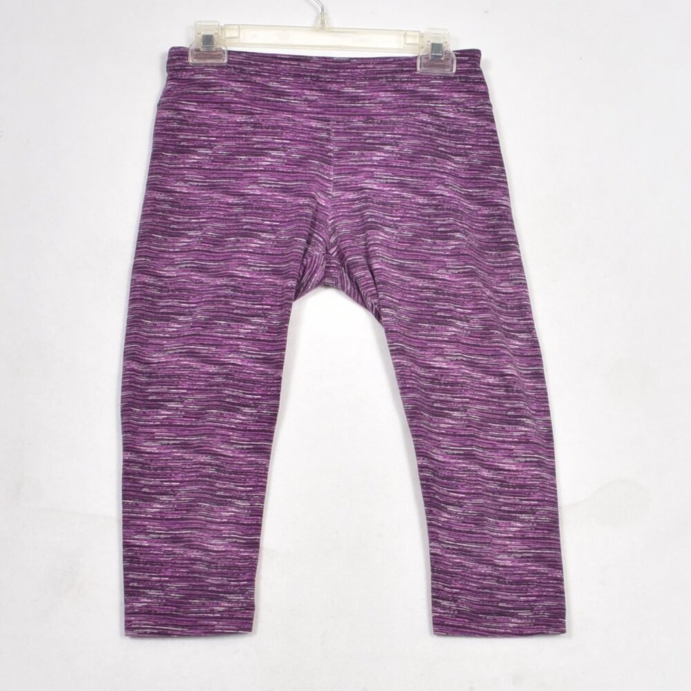 BALLY TOTAL FITNESS YOGA PANTS Women's Medium Capri Purple Black Striped Heather